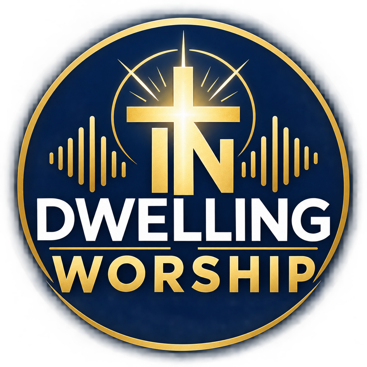 Dwelling In Worship emblem — golden cross and sound waves over navy with the words Dwelling In Worship